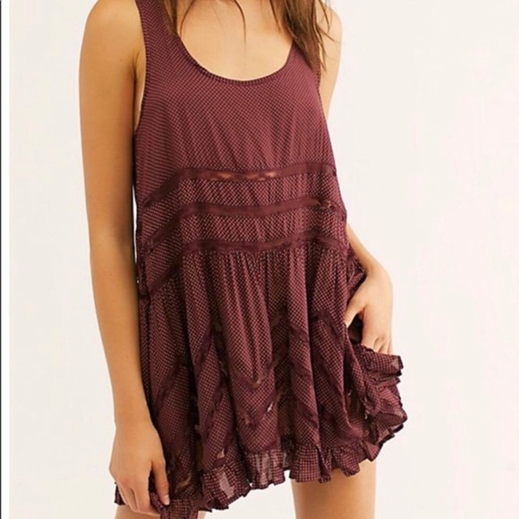Free People Voile & Lace Maroon with Black Polka Dot Trapeze Dress - Picture 4 of 12
